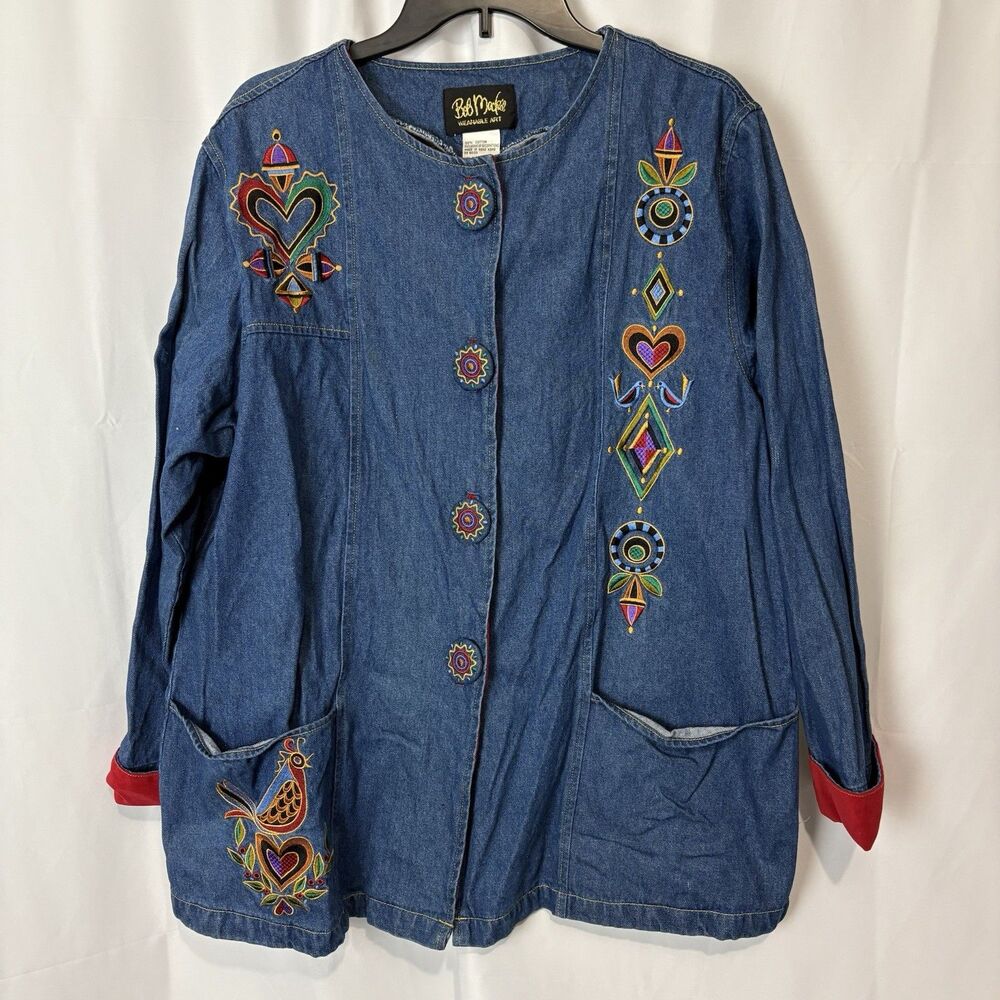 Bob Mackie Wearable Art Denim Jacket Colorful Embroidery Large Artsy Funky 90s